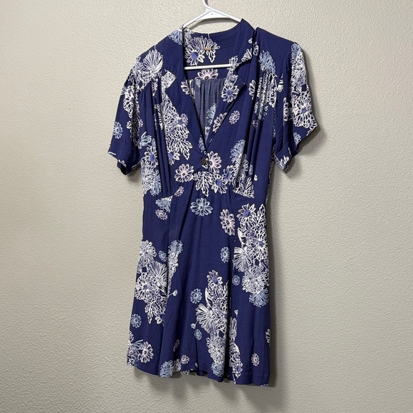 Free People Blue Hawaii Washed Blue Floral Print Short Sleeve Mini Dress - Picture 3 of 16